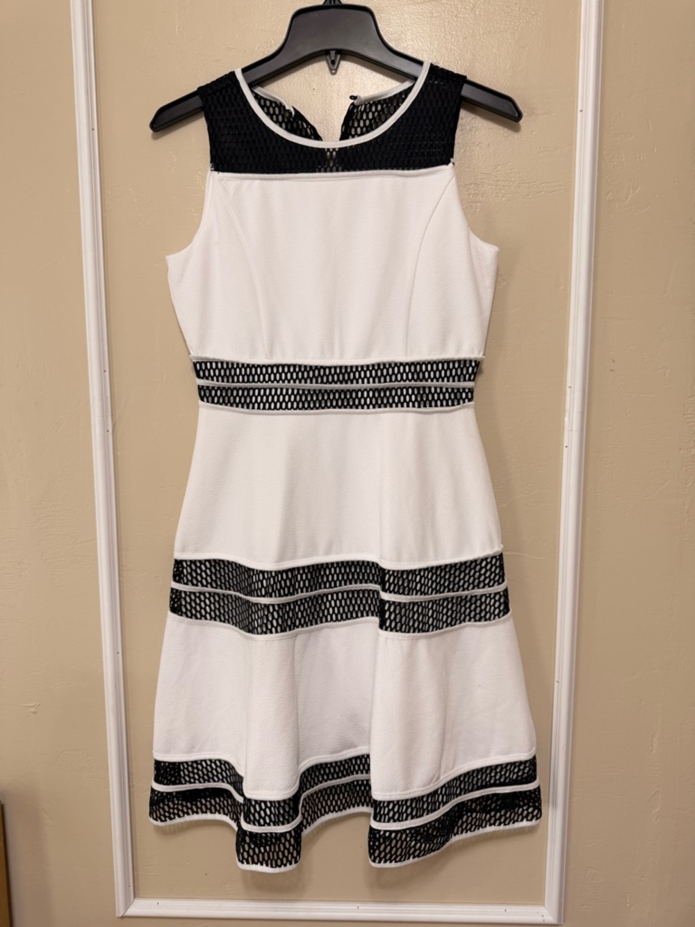 Us Angels White Fit & Flare Dress with Black Mesh Accents